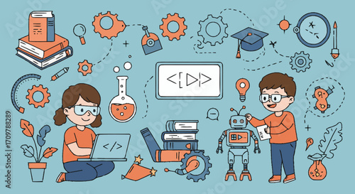 Children learning coding and robotics in a doodle style illustration, surrounded by various STEM and STEAM education icons