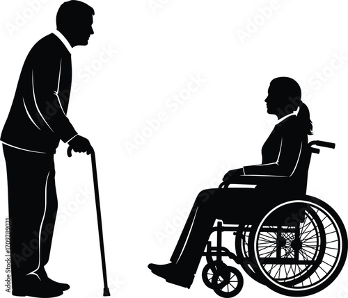 Black silhouette illustration of standing person with cane talking to seated woman in wheelchair, disability awareness and mobility assistance concept