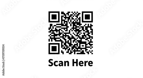 Qr code with three square markers and the words scan here on a white background for easy scanning created with generated ai