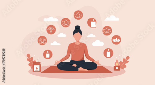 Zen Meditation Serene Woman Practicing Yoga with Spiritual Symbols Around Her