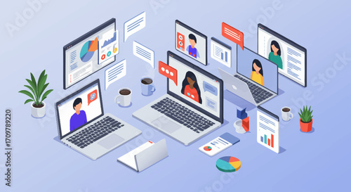 Illustrative isometric view of a virtual meeting with people participating through laptops and video calls, sharing screens and data