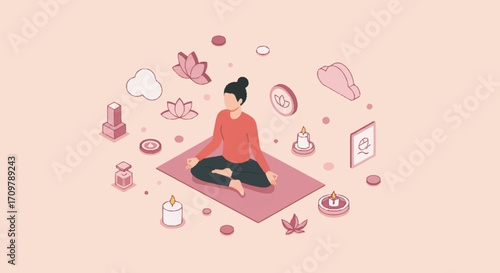 Isometric illustration of a woman in lotus position, practicing meditation and mindfulness for spiritual well-being, surrounded by elements symbolizing peace, self-care, and holistic healthy lifestyle