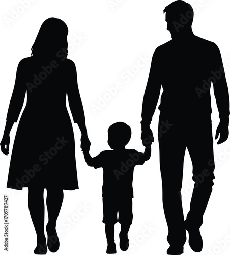 Black silhouette illustration of two adults and child walking together holding hands, family unity, parental care and togetherness concept, isolated on white background