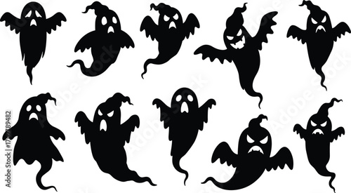 Halloween spooky ghost silhouettes vector set, scary flying spirits, haunted ghost shapes for spooky Halloween design and decoration.