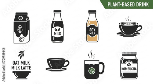 Illustration featuring various plant based drinks including almond milk soy milk oat milk latte and kombucha created with generated ai