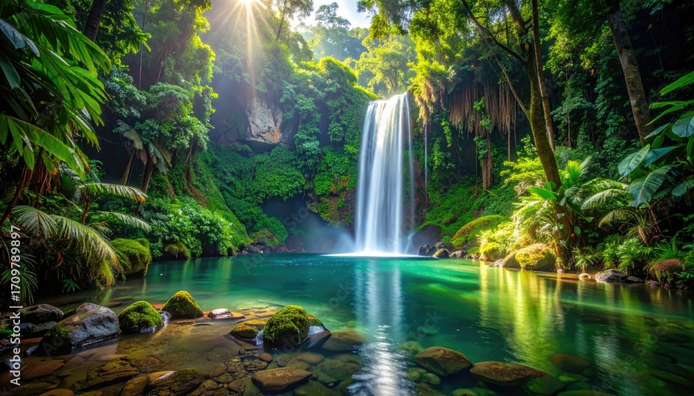 Fototapeta premium Secluded Waterfall Cascade into Turquoise Pool Surrounded by Lush Green Rainforest in a Valley with Rocks Vines and Bright Sunlight Filtering Through Canopy