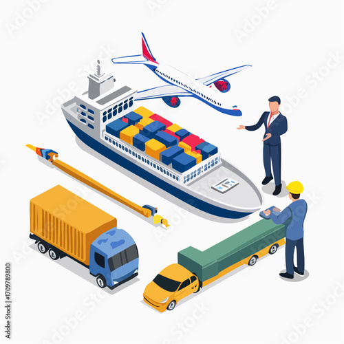 Supply chain with cargo ship, aircraft, goods truck. Сustoms officer inspector at check cargo clearance. Global logistic, delivery, cargo transport concept. Flat isometric vector illustration.