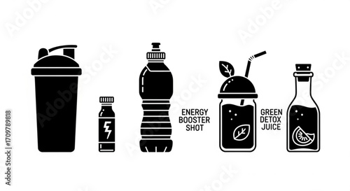 Illustration of various health drinks including protein shake energy shot and green detox juice in black created with generated ai