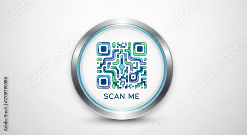 A qr code inside a metallic circle with the words scan me below it on a white background design created with generated ai