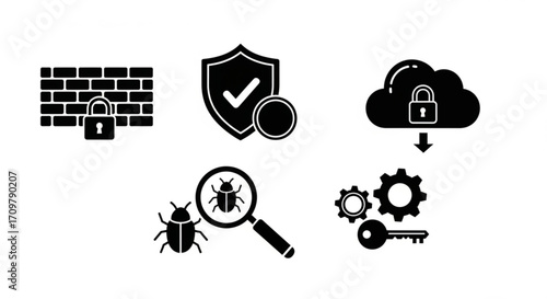 Black and white security icons depicting firewall, shield, bug scan, cloud and key mechanism for access created with generated ai