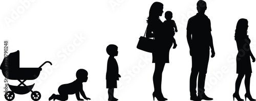 Black silhouette illustration showing stages of human life from infancy to old age, family growth and generational development concept, isolated on white background