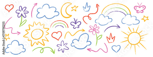 Colorful kid crayon drawings with children hand drawn sun and moon, star and rainbow, cloud and flower for nursery decoration. Playful butterfly and heart, crown and arrow in bright chalk style.