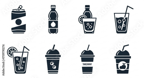 Collection of various drink icons including soda can water bottle and takeaway beverages displayed created with generated ai