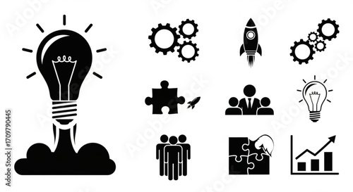Illustration of business and innovation concepts with lightbulbs, gears, rockets, and teamwork icons created with generated ai
