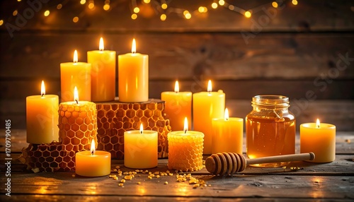Burning candles with honeycomb, and honey jar  dipper against rustic wood background.