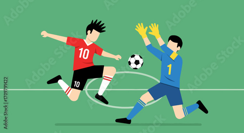 In a dynamic illustration, a striker in a red number 10 jersey volleys the soccer ball towards the lunging goalkeeper who is attempting a dramatic save