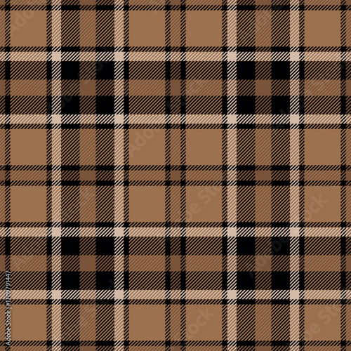 Seamless brown color check pattern. Repeating patern plaid. Checkered design for prints. Repeated tartan fabric. Vector scottish fabriс. Ekose texture. Madras flannel. Checker line. Stripe gingham
