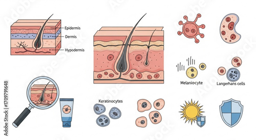 Illustration of human skin layers including epidermis dermis and hypodermis with cells and protection icons created with generated ai