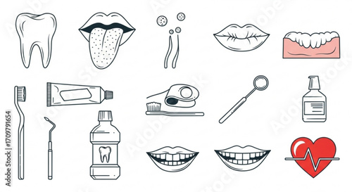 Dental care illustration with tooth, tongue, mouth, heart and oral hygiene products in black and white created with generated ai