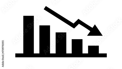 Minimalistisches schwarzes Silhouetten Vektor Icon eines Finanz diagramm mit einem Abwärts pfeil, symbolisiert Markt rückgang, Krise und Wirtschaft verlust. Isoliert auf transparentem Hintergrund
