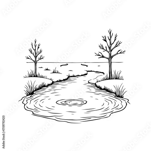 Detailed nature sketch featuring tranquil river between grassy banks and barren trees conveying
