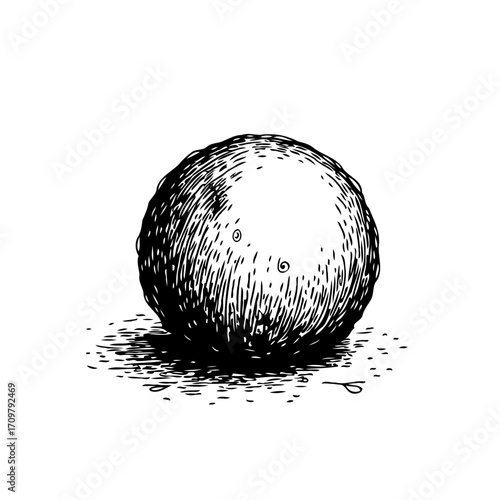 Detailed monochrome sketch of a sphere showing its texture and shading with hatched lines on