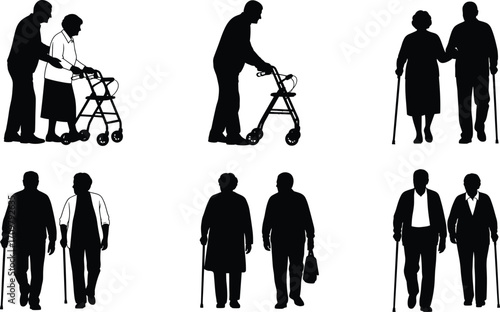 Elderly people silhouette vector set showing walking with canes, using walkers, companionship, mobility assistance, and senior lifestyle scenes on white background