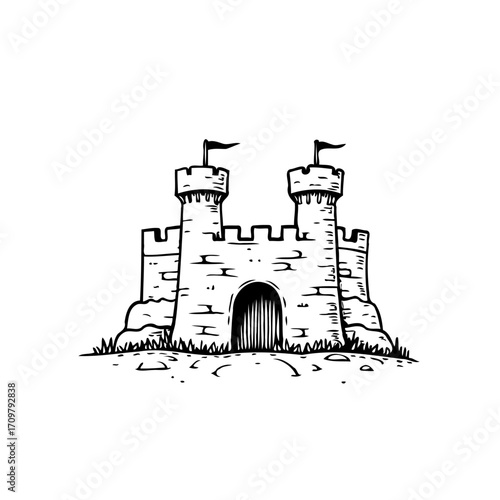 Detailed sketched illustration of a medieval fortress with flags, evoking a sense of history and
