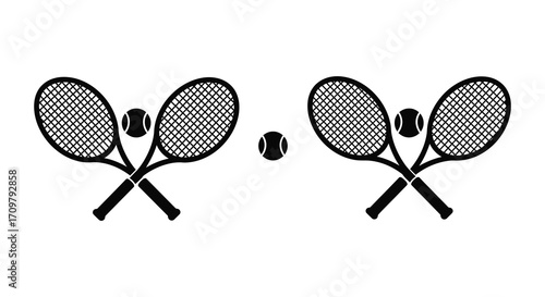 A simple black and white illustration showcasing two crossed tennis rackets with balls