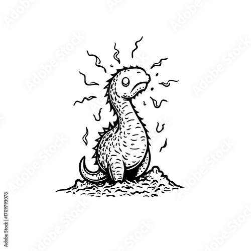Distressed dinosaur radiates peculiar energy sitting upon mound in sketched monochrome graphic