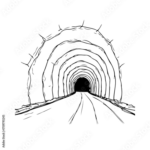 Drawn tunnel perspective vanishing point in monochrome evokes journeys adventure and hidden depths