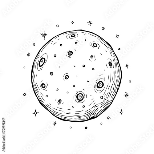 Drawn celestial sphere depicting craters and stars offering a cosmic artistic experience and