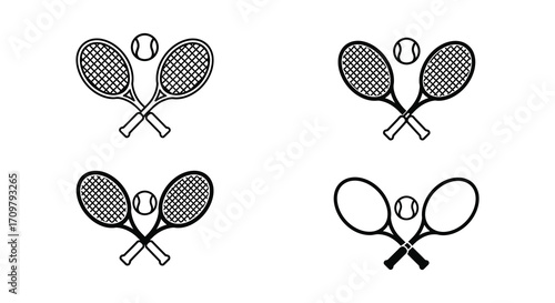 Simple black and white illustration of tennis rackets and balls arrangement