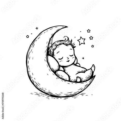 Dreaming Under Celestial Gaze: Illustration of a Baby Asleep on the Moon surrounded with Stars in