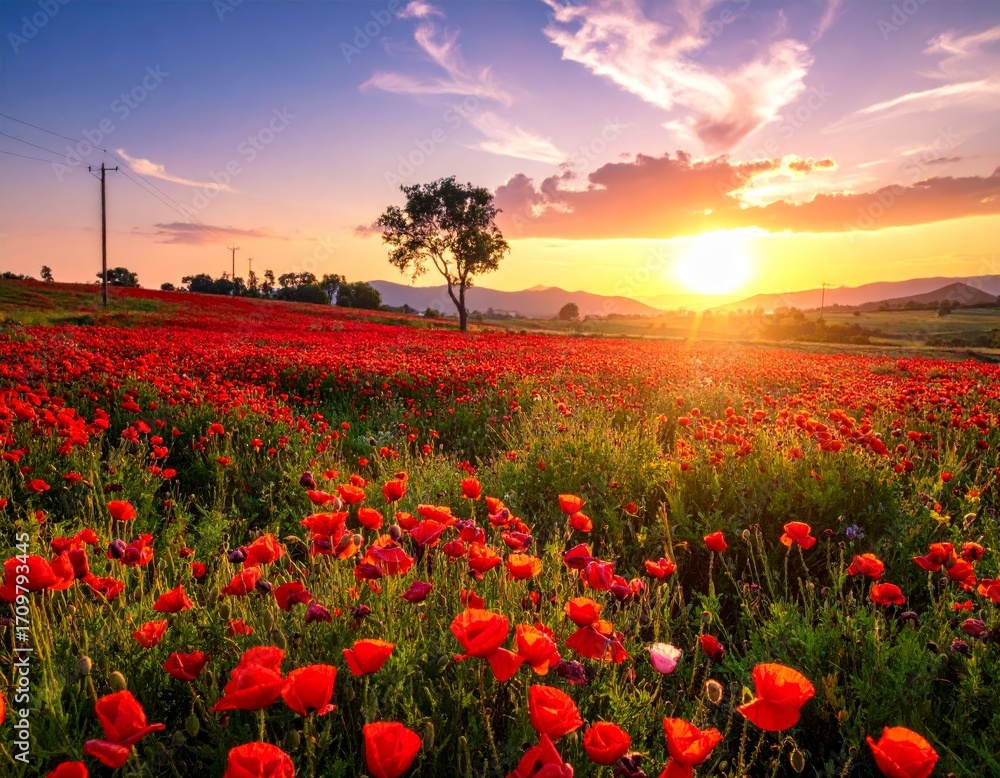 Fototapeta premium Vibrant Red Poppy Field at Sunset