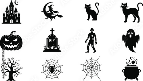 Halloween spooky vector illustration set with haunted castle, witch, black cats, pumpkin, zombie, ghost, spider webs, tree, cauldron