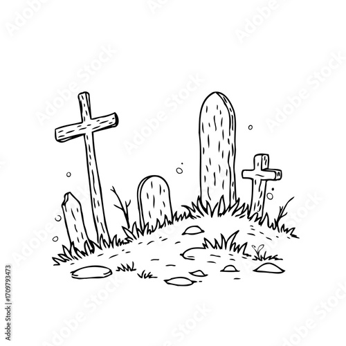 Eerie graveyard landscape illustration featuring aged tombstones, overgrown grass, and solemn