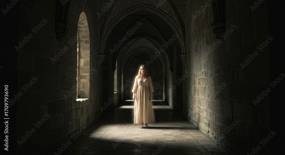 Obraz premium Eerie Midnight Reverie: Ghostly Lady in White Dress Strolls Through Gothic Cloister