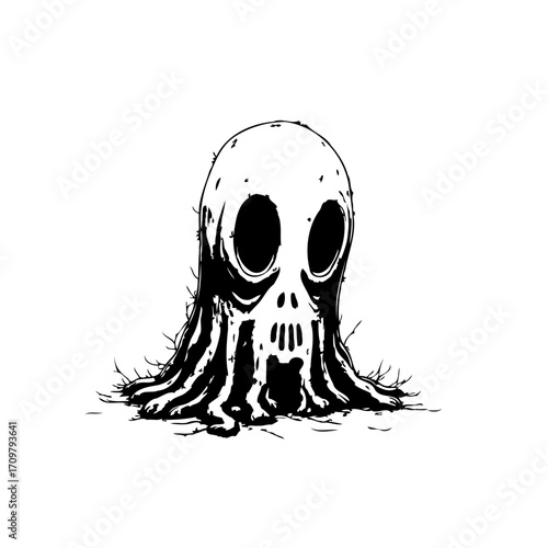 Eerie skull illustration with dripping shadows evoking mystery and gothic surrealism within