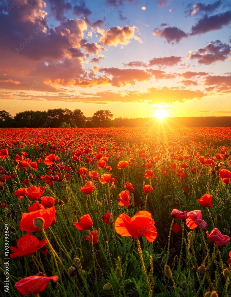 Fototapeta premium Vibrant Red Poppy Field at Sunset