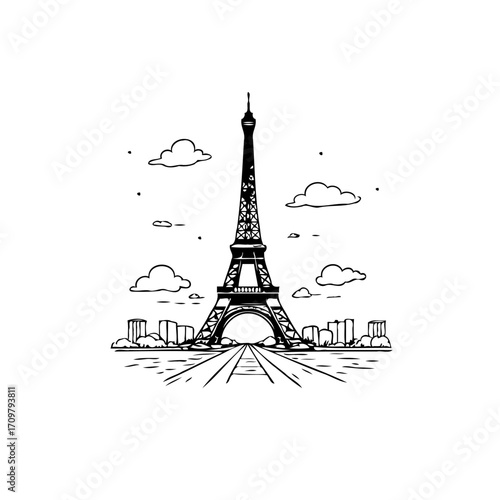 Eiffel tower artwork with cityscape and flowing clouds showcases parisian urban charm and iconic