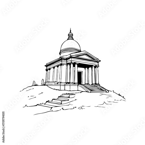 Elegant architectural drawing a neoclassical building design on a hill rendered in black and white