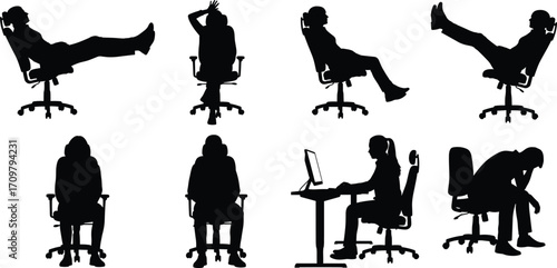 Silhouettes of office workers in various seated postures showing body language, workplace ergonomics, fatigue, stress, relaxation, and professional sitting positions