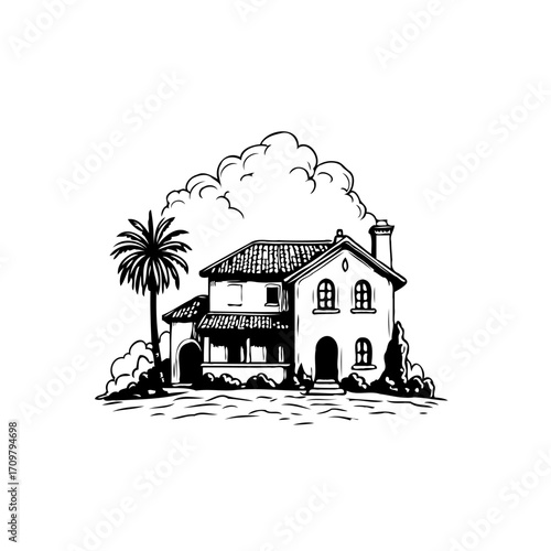 Elegant tropical home vector illustration: a picturesque dwelling near palm under fluffy