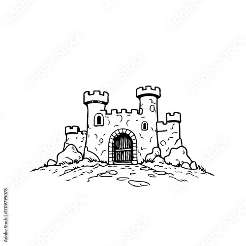 Enchanting line drawing of a fanciful castle nestled on rocks inviting fairy tales dreams and