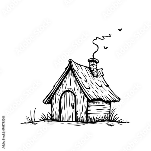 Enchanting rustic cottage illustration evokes fairytale charm amidst peaceful rural scene with