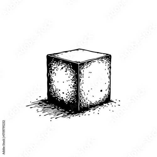 Engraved artistic presentation of a geometric cube showcasing shading and depth revealing complex
