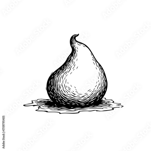 Engraved style pear illustration standing firm amidst liquid spill with detailed hatching marks