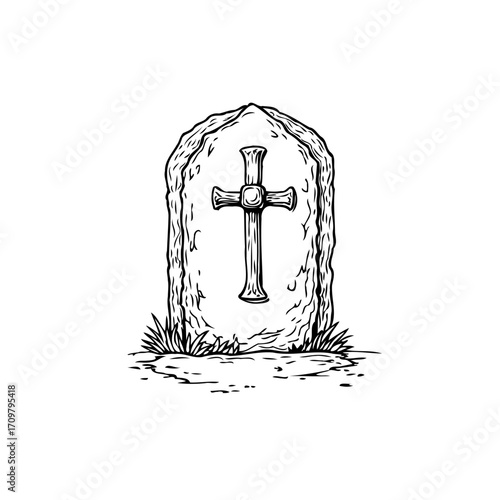 Engraved stone carving showing religious symbolism and historic themes and monument of faith for