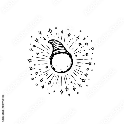 Enigmatic celestial body wearing a striped conical hat surrounded by starlight and cosmic dust